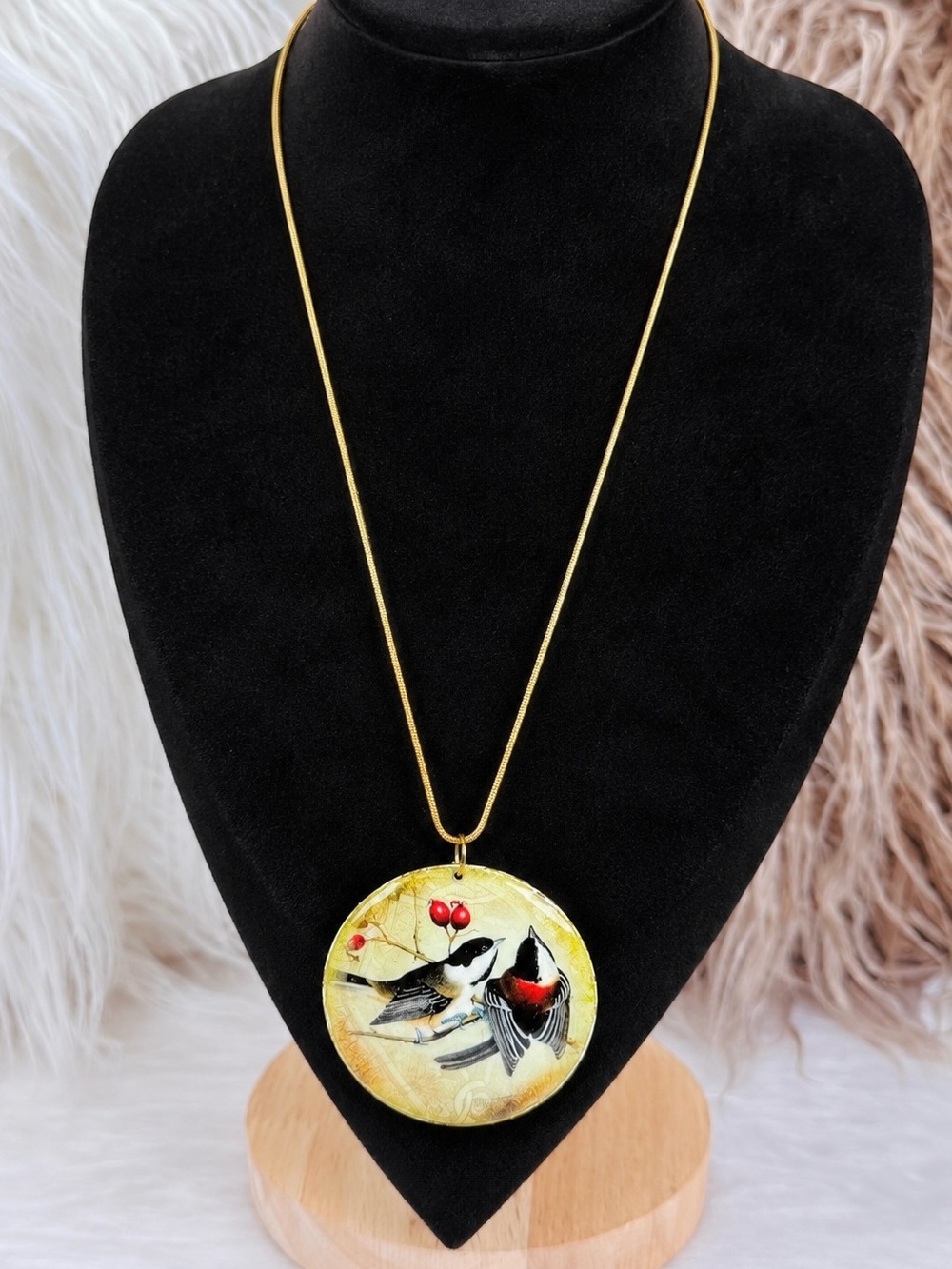 Vintage large painted bird pendant necklace